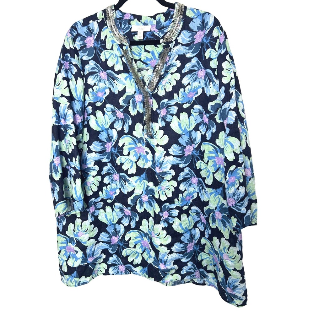 Charter Club Tunic Top 100% Linen Womens XXL Navy Blue Floral Beaded vacation